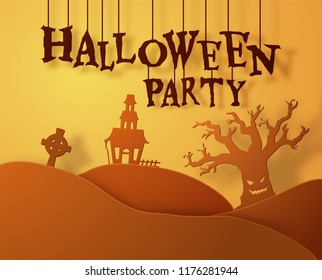 Halloween paper cutout greeting card. Trendy origami style. Vector EPS10.
