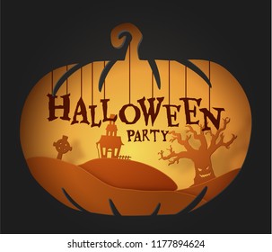 Halloween paper cutout greeting card or party invitation. Trendy origami style. Vector EPS10.