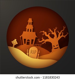 Halloween paper cutout greeting card. Trendy origami style. Vector EPS10.
