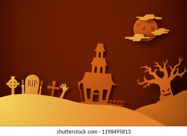 Halloween paper cutout greeting card. Trendy origami style. Vector EPS10.