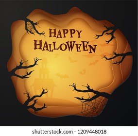 Halloween paper cutout greeting card. Trendy origami style. Vector EPS10.