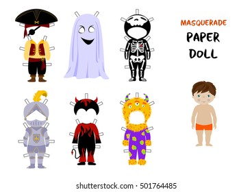 Halloween paper doll cartoon vector, Little boy body template and set of fancy costumes for carnival - ghost and skeleton, pirate and knight, monster and devil.A4 format ready for print.