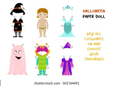 Halloween paper doll cartoon vector, Little girl body template and set of fancy costumes for carnival - witch, fairy, monster and ghost, mermaid. A4 format ready for print.