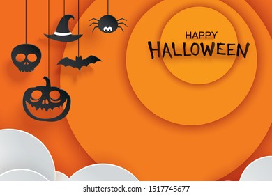 Halloween paper hanging in orange background. Use for invitation party card, flyer, greeting, banner, poster, vector illustration.