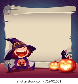 Halloween Paper Scroll. Blank paper scroll with little witch, black cat and jack o lantern.