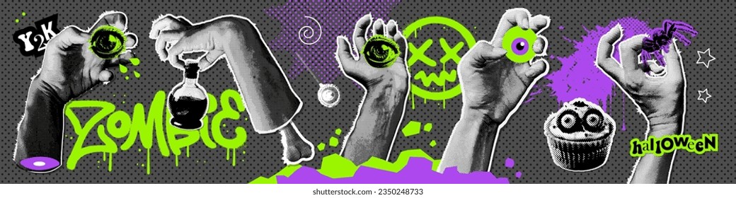 Halloween paper stickers set with Halftone zombie hands sticks out from ground or grave and holds single eye, potion, spider. Vector dotted illustration in mixed media collage style with graffiti