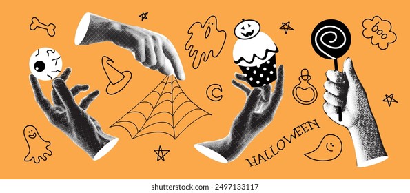 Halloween paper stickers set with Halftone hands holding an eye,  cobweb, cupcake, lollipop. Vector dotted illustration in mixed media collage style. Spooky modern cut out elements and doodles.