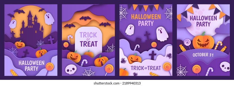 Halloween papercut poster. Helloween posters template 3d paper cut background, spooky story text with spiderweb pumpkin art banner layout ingenious creepy cover set vector illustration