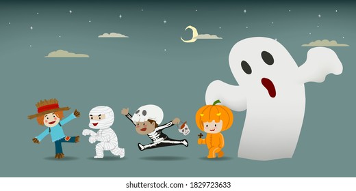 Halloween parade, children in monster costume walking together with big ghost and crescent moon in the sky.