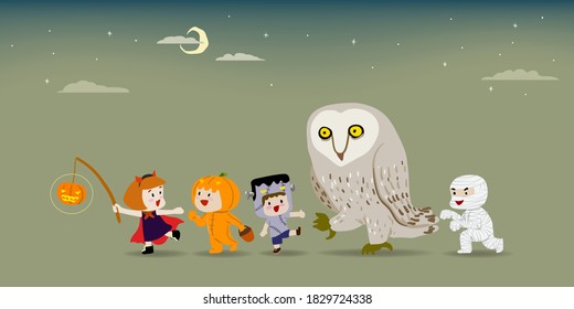 Halloween parade, children in monster costume walking together with giant owl and crescent moon in the sky.