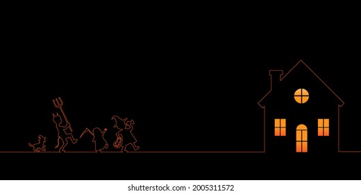 Halloween parade, children in monster costume walking together isolated on background, One single line continuous illustration vector.