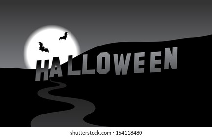 Halloween Parody Of The Hollywood Hills, Black And White Vector Cartoon Illustration