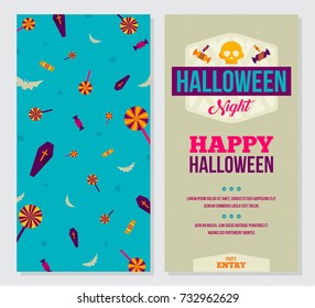 Halloween Part Invitation Card vector with Illustration of Cute Elements Coffin, Candy, Bat in Background and Text in Front. Flat Style Creative Design ideal for Page, Ads