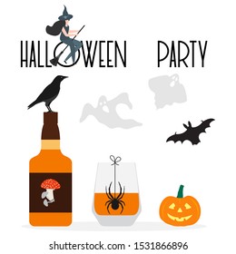 Halloween party 2020 Vector illustration with inscription Halloween party, glass, bottle, spider, amanita, bat, crow, ghosts, witch, broom, Jack O'Lantern Design for party card, website, print