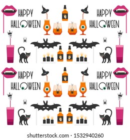 Halloween party 2020 Vector illustration inscription Halloween party, glass, bottle, spider, skull, bat, vampire mouth mask, witch hat, cat, candles, eye Festive background Design party card, print