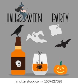 Halloween party 2020 Vector illustration with inscription Halloween party, glass, bottle, spider, skull, bat, crow, ghosts, witch, broom, Jack O'Lantern Design for party card, website, print