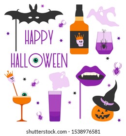 Halloween party 2020 Vector illustration inscription Halloween party, glass, spider, bat mask, vampire mouth mask, ghosts, Jack O'Lantern, witch hat, skull, eye Festive background Design card, print