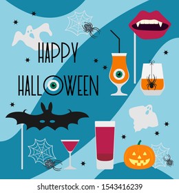 Halloween party 2020 Vector illustration inscription Halloween party, glass, spider, spider web, bat mask, vampire mouth mask, ghosts, Jack O'Lantern, eye Festive background Design party card, print