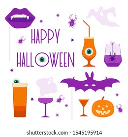 Halloween party 2020 Vector illustration inscription Halloween party, glass, spider, bat mask, vampire mouth mask, ghosts, Jack O'Lantern, eye Festive background Design for party card, website, print