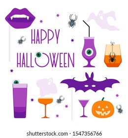 Halloween party 2020 Vector illustration inscription Halloween party, glass, spider, bat mask, vampire mouth mask, ghosts, Jack O'Lantern, eye Festive background Design for party card, website, print