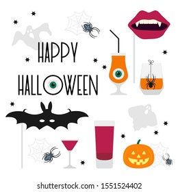 Halloween party 2020 Vector illustration inscription Halloween party, glass, spider, spider web, bat mask, vampire mouth mask, ghosts, Jack O'Lantern, eye Festive background Design party card, print