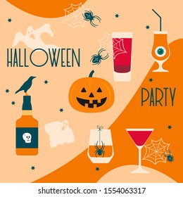 Halloween party 2020 Vector illustration with inscription Halloween party, glass, bottle, spider, skull, spider web, crow, ghosts, Jack O'Lantern, eye Festive background Design for party card, print