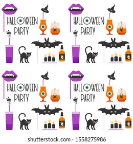 Halloween party 2020 Vector illustration inscription Halloween party, glass, bottle, spider, skull, bat, vampire mouth mask, witch hat, cat, candles, eye Festive background Design party card, print