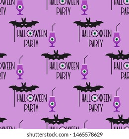 Halloween party 2020. Vector seamless pattern with inscription Halloween party, eye, glass and tube, mask bat. Design for party card, wrapping, fabric, print.