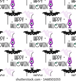 Halloween party 2020. Vector seamless pattern with inscription Happy Halloween, eye, glass and tube, mask bat, ghosts. Design for party card, wrapping, fabric, print.