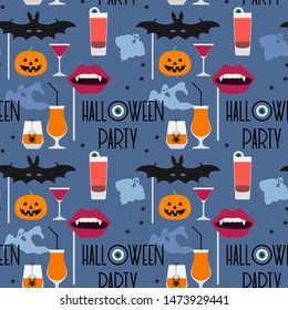 Halloween party 2020. Vector seamless pattern with inscription Halloween party, eye, bat mask, vampire mouth mask, glasses, spider, pumpkin, ghosts, stars. Design for party card, fabric, print