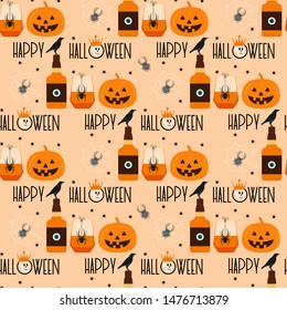 Halloween party 2020. Vector seamless pattern with inscription Happy Halloween, eye, glass, ghost, pumpkin, candles, spider, month, stars. Design for party card, wrapping, fabric, print.