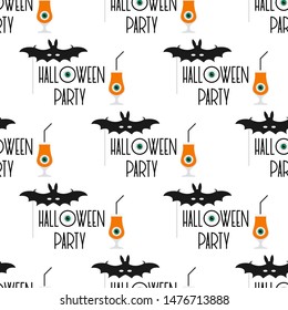 Halloween party 2020. Vector seamless pattern with inscription Halloween party, eye, glass and tube, mask bat. Design for party card, wrapping, fabric, print.