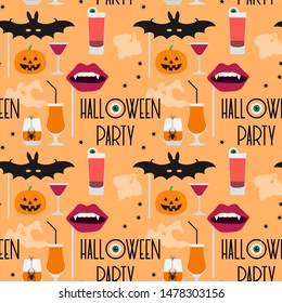 Halloween party 2020. Vector seamless pattern with inscription Halloween party, eye, bat mask, vampire mouth mask, glasses, spider, pumpkin, ghosts, stars. Design for party card, fabric, print
