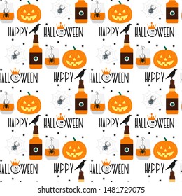 Halloween party 2020. Vector seamless pattern with inscription Happy Halloween, eye, glass, ghost, pumpkin, candles, spider, month, stars. Design for party card, wrapping, fabric, print.