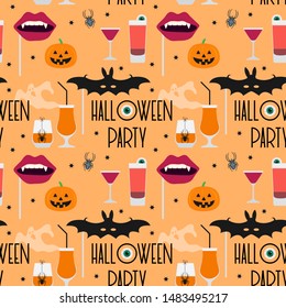 Halloween party 2020. Vector seamless pattern with inscription Halloween party, eye, bat mask, vampire mouth mask, glasses, spider, pumpkin, ghosts, stars. Design for party card, fabric, print
