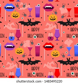 Halloween party 2020. Vector seamless pattern with inscription Happy Halloween, eye, bat mask, vampire mouth mask, glasses, spider, pumpkin, ghosts. Design for party card, fabric, print