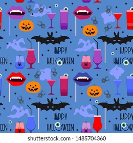 Halloween party 2020. Vector seamless pattern with inscription Happy Halloween, eye, bat mask, vampire mouth mask, glasses, spider, pumpkin, ghosts. Design for party card, fabric, print