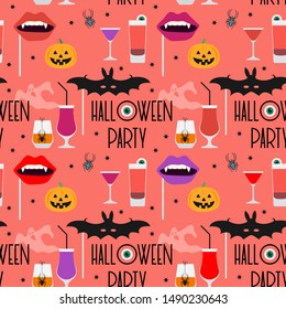 Halloween party 2020. Vector seamless pattern with inscription Halloween party, eye, bat mask, vampire mouth mask, glasses, spider, pumpkin, ghosts, stars. Design for party card, fabric, print