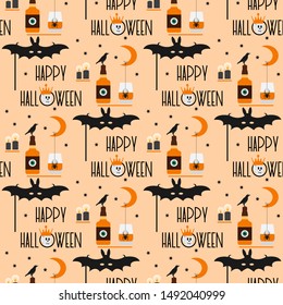 Halloween party 2020 Vector seamless pattern with inscription Happy Halloween, eye, glass, candles, spider, mask bat, month, stars, skull, crown, bottle, crow. Design for card, wrapping, fabric, print