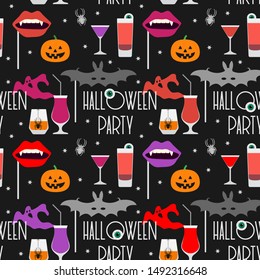 Halloween party 2020. Vector seamless pattern with inscription Halloween party, eye, bat mask, vampire mouth mask, glasses, spider, pumpkin, ghosts, stars. Design for party card, fabric, print