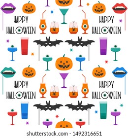 Halloween party 2020. Vector seamless pattern with inscription Happy Halloween, eye, bat mask, vampire mouth mask, glasses, spider, pumpkin. Design for party card, fabric, print