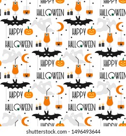 Halloween party 2020. Vector seamless pattern with inscription Happy Halloween, eye, glass, ghost, pumpkin, candles, spider, mask bat, month, stars. Design for party card, wrapping, fabric, print.
