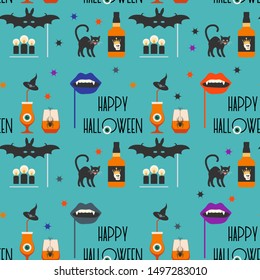 Halloween party 2020. Vector seamless pattern with inscription Happy Halloween, eye, glasses, spider, candles, bottle, cat, hat, bat, vampire mouth mask, skull, stars. Design party card, fabric, print