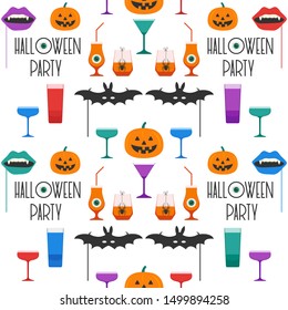 Halloween party 2020. Vector seamless pattern with inscription Halloween party, eye, bat mask, vampire mouth mask, glasses, spider, pumpkin. Design for party card, fabric, print
