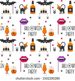 Halloween party 2020. Vector seamless pattern with inscription Halloween party, eye, glasses, spider, candles, cat, hat, bat, vampire mouth mask, skull, stars. Design for party card, fabric, print