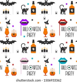 Halloween party 2020. Vector seamless pattern with inscription Halloween party, eye, glasses, spider, candles, cat, hat, bat, vampire mouth mask, skull, stars. Design for party card, fabric, print