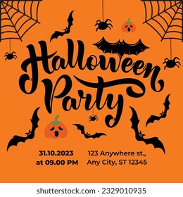 Halloween Party 2023, Vector Illustration, Pumpkin, and bat
