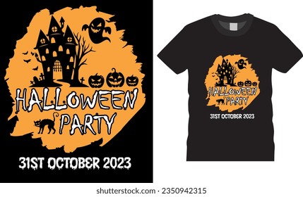 Halloween party 31st October 2023T-Shirt design. funny Halloween vintage t shirt design, Isolated on black background. Unique and Trendy, Beautiful and eye catching vector graphic T-shirts Design. 