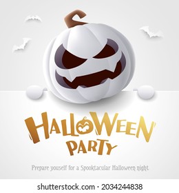 Halloween Party. 3D illustration of cute Jack O Lantern white pumpkin character with big greeting signboard on white background.