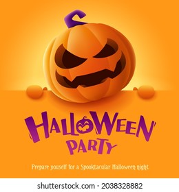 Halloween Party. 3D illustration of cute Jack O Lantern orange pumpkin character with big greeting signboard on orange background.